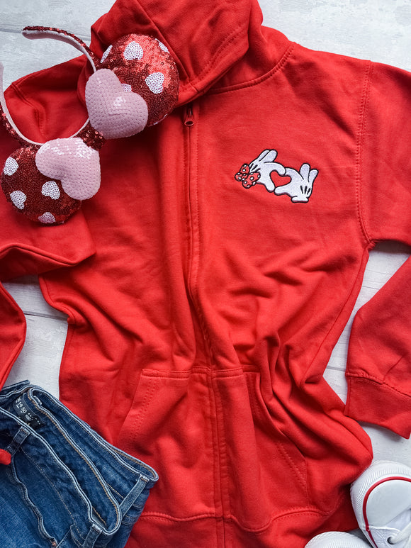Mouse Heart Hands Children's Red Zipped Hoodie Size 12-13 Yrs